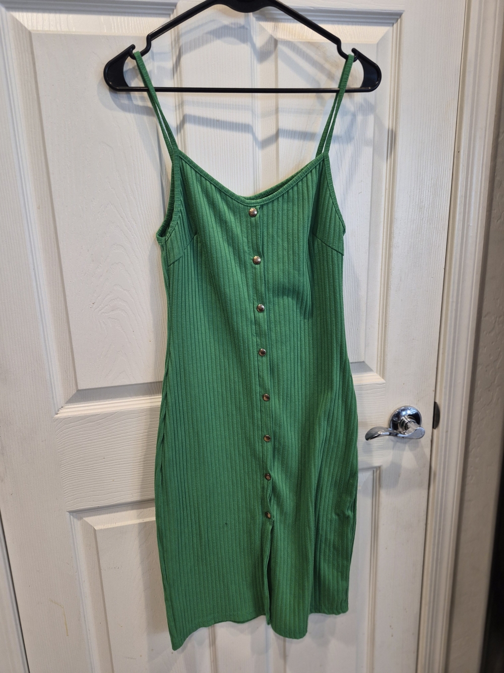 5/25 Say What? Green Ribbed Button-Front Slip Dress